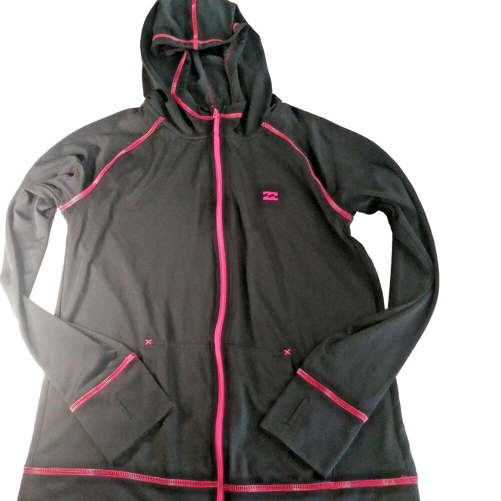 billabong womens full zip track jacket with hood size M thumbholes pockets black